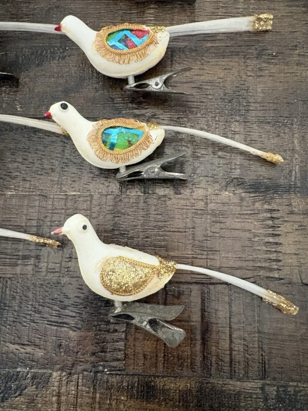 Vintage Birds Dove Christmas Ornaments Flocked Glitter 7.5